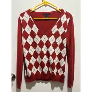 New York & Company Red Argyle Vneck Sweater Size Large